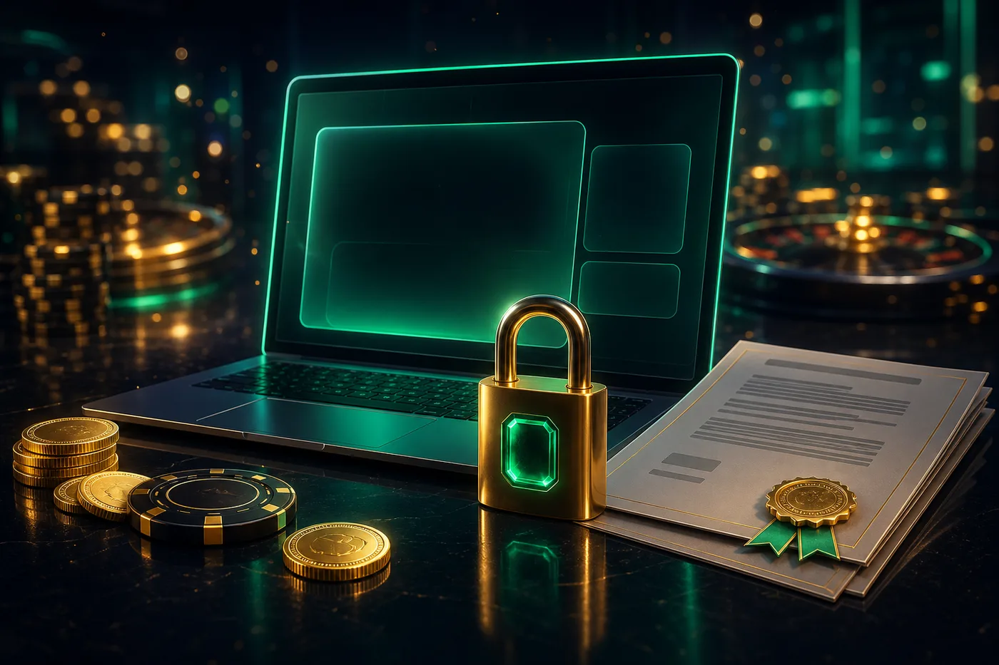 Dokument mit Bedingungen neben einem Laptop und einem Vorhängeschloss als Symbol für Kontosicherheit
